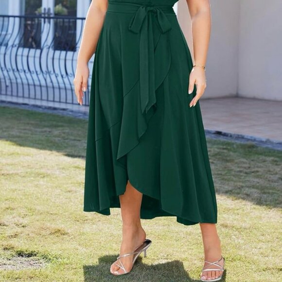 Women's Plus Size Formal Wedding Guest Dress with Ruffles V-Neck Long Low Party - Picture 15 of 16